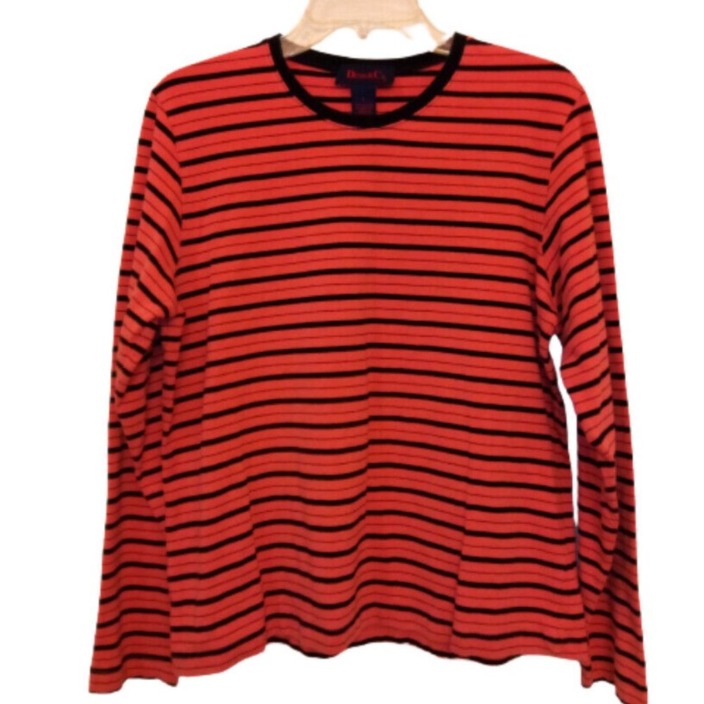 Women's Denim & Co. Large Red Blue Striped Long Sleeve Shirt Sweater Top